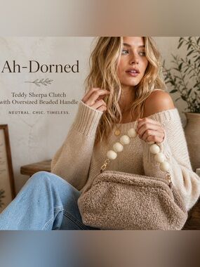 Ah-Dorned Teddy Sherpa Clutch w/ Oversized Beaded Handle Neutral Taupe Bag